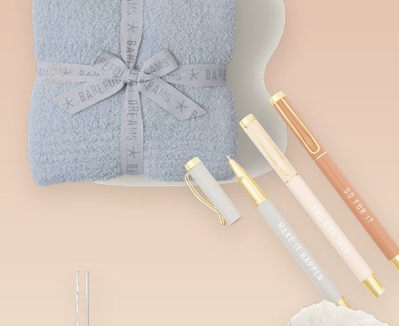 a collage of back to school teacher gifts including a blanket, pens, tumbler, and slippers