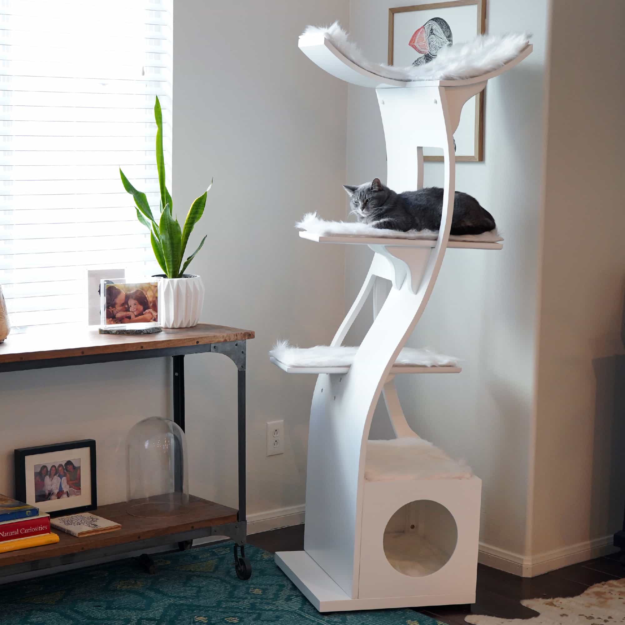 The Refined Feline Lotus Cat Tower in white, real oak veneer modern design, product photo