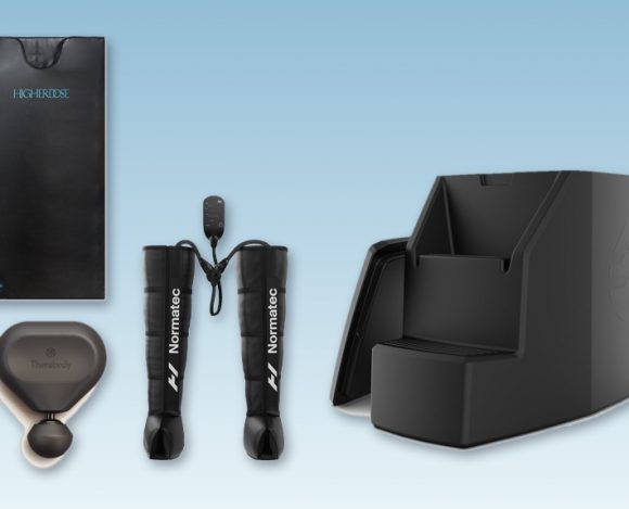 Cold therapy and recovery product collage featuring a cold plunge tub, compression boots, massage device, and infrared sauna blanket