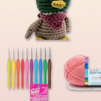 Crochet and amigurumi essentials collage featuring a finished amigurumi duck, crochet hooks, yarn, and a ceramic yarn bowl