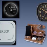 Collage of screen-time-reducing products: Brick app blocker, TESLYAR phone dock, La Crosse alarm clock, and Pebble Pomodoro timer