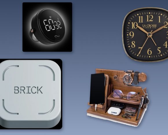 Collage of screen-time-reducing products: Brick app blocker, TESLYAR phone dock, La Crosse alarm clock, and Pebble Pomodoro timer
