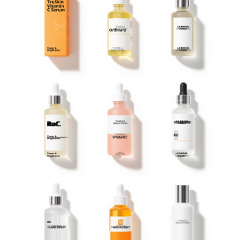 Collage of top-rated face serums including vitamin C, retinol, and niacinamide serums