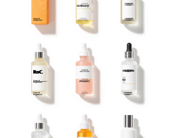 Collage of top-rated face serums including vitamin C, retinol, and niacinamide serums