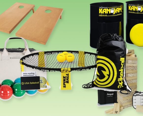 Collage of lawn games including cornhole boards, Kan Jam goals, a Spikeball set, bocce balls, and a giant tumble tower on a green lawn background