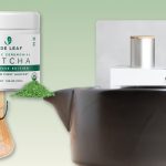 Matcha essentials collage featuring a ceremonial matcha tin, bamboo whisk, ceramic chawan bowl, and Cuzen Matcha Maker