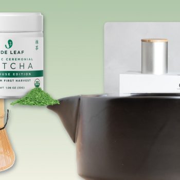 Matcha essentials collage featuring a ceremonial matcha tin, bamboo whisk, ceramic chawan bowl, and Cuzen Matcha Maker