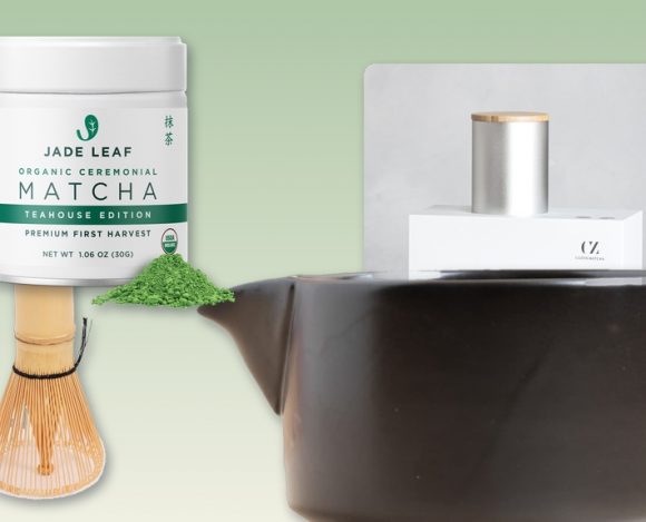 Matcha essentials collage featuring a ceremonial matcha tin, bamboo whisk, ceramic chawan bowl, and Cuzen Matcha Maker