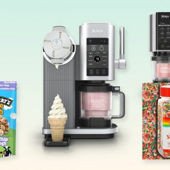 Collage of Ninja CREAMi ice cream makers, cookie dough chunks, and rainbow sprinkles on a mint gradient background