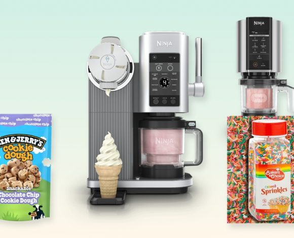 Collage of Ninja CREAMi ice cream makers, cookie dough chunks, and rainbow sprinkles on a mint gradient background