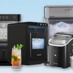 Row of countertop nugget ice makers with chewable pebble ice, cocktail glass and ice bucket, best nugget ice makers collage