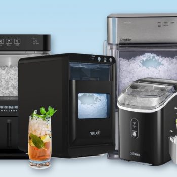 Row of countertop nugget ice makers with chewable pebble ice, cocktail glass and ice bucket, best nugget ice makers collage