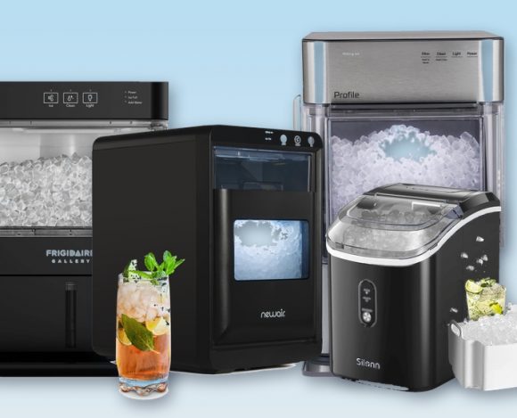 Row of countertop nugget ice makers with chewable pebble ice, cocktail glass and ice bucket, best nugget ice makers collage