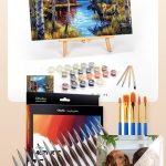 Collage of paint by numbers essentials including a framed finished canvas on an easel, acrylic paints, brushes, and a custom pet portrait kit