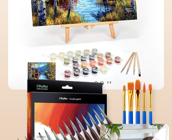 Collage of paint by numbers essentials including a framed finished canvas on an easel, acrylic paints, brushes, and a custom pet portrait kit