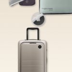 Collage of travel packing essentials: Monos carry-on suitcase, Trtl travel pillow, Eagle Creek packing cube, and Apple AirTag