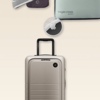 Collage of travel packing essentials: Monos carry-on suitcase, Trtl travel pillow, Eagle Creek packing cube, and Apple AirTag