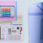 a collage of trendy school supplies including a water bottle, pencil set, gel pens, and highlighters