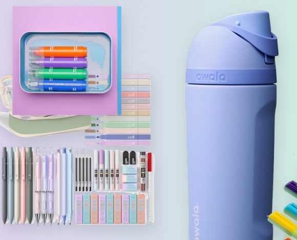 a collage of trendy school supplies including a water bottle, pencil set, gel pens, and highlighters