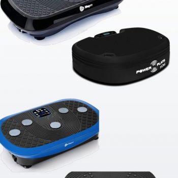 four vibration plate exercise machines arranged on a clean white background
