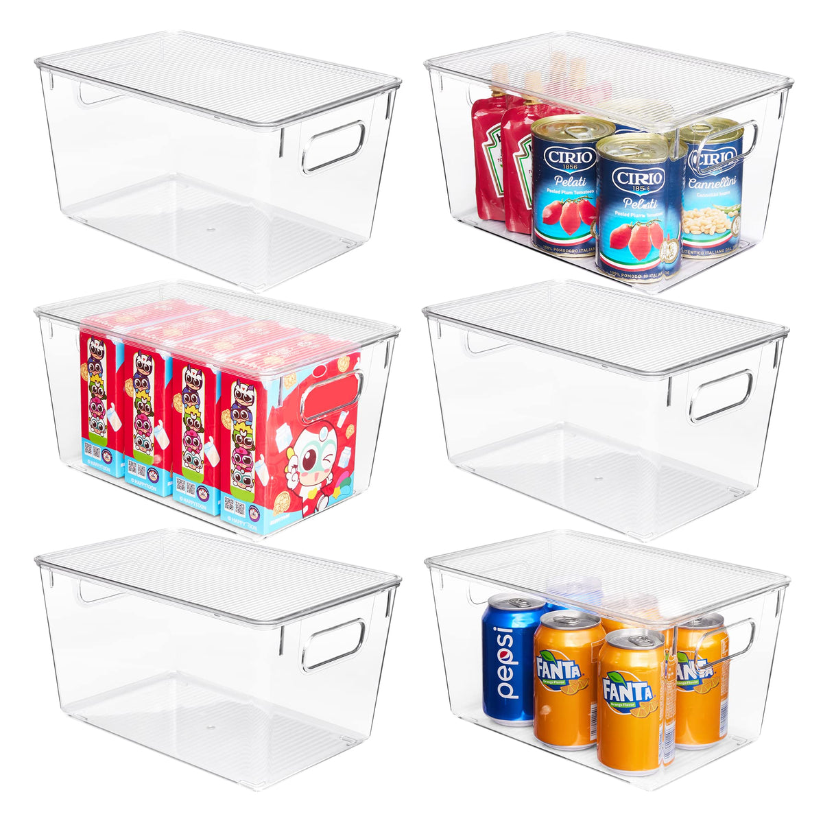clear stackable storage bins holding pantry items and drinks product photo