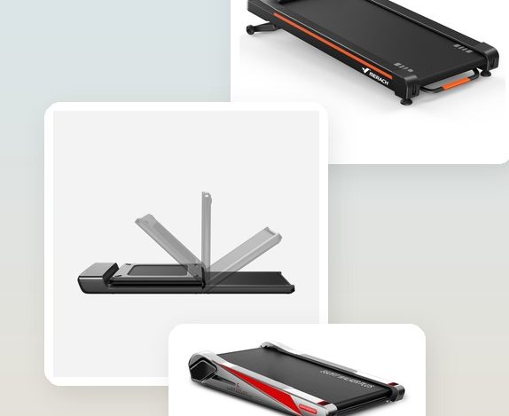 a collage of under-desk walking pad treadmills for home offices