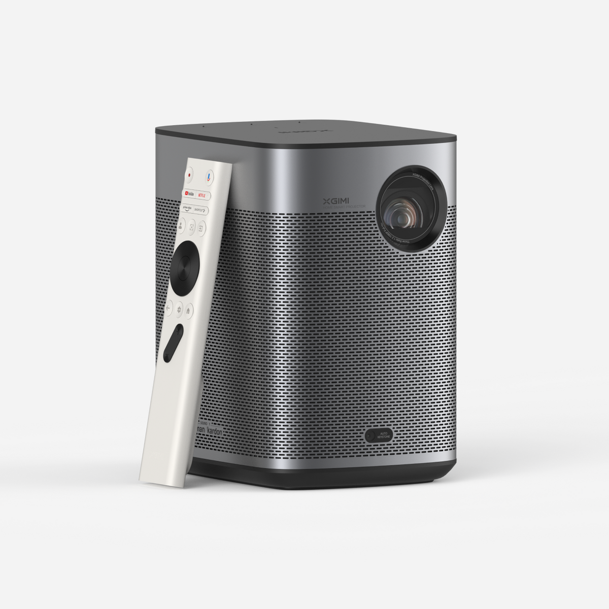 XGIMI Halo+ GTV projector with remote leaning against it product photo