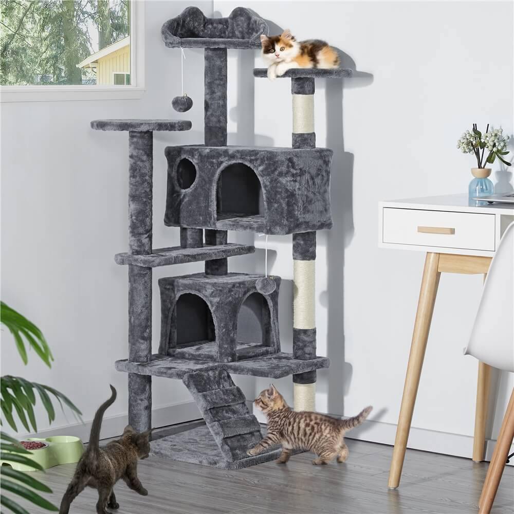 Yaheetech 54 inch multi-level gray cat tree with two condos and kittens climbing it