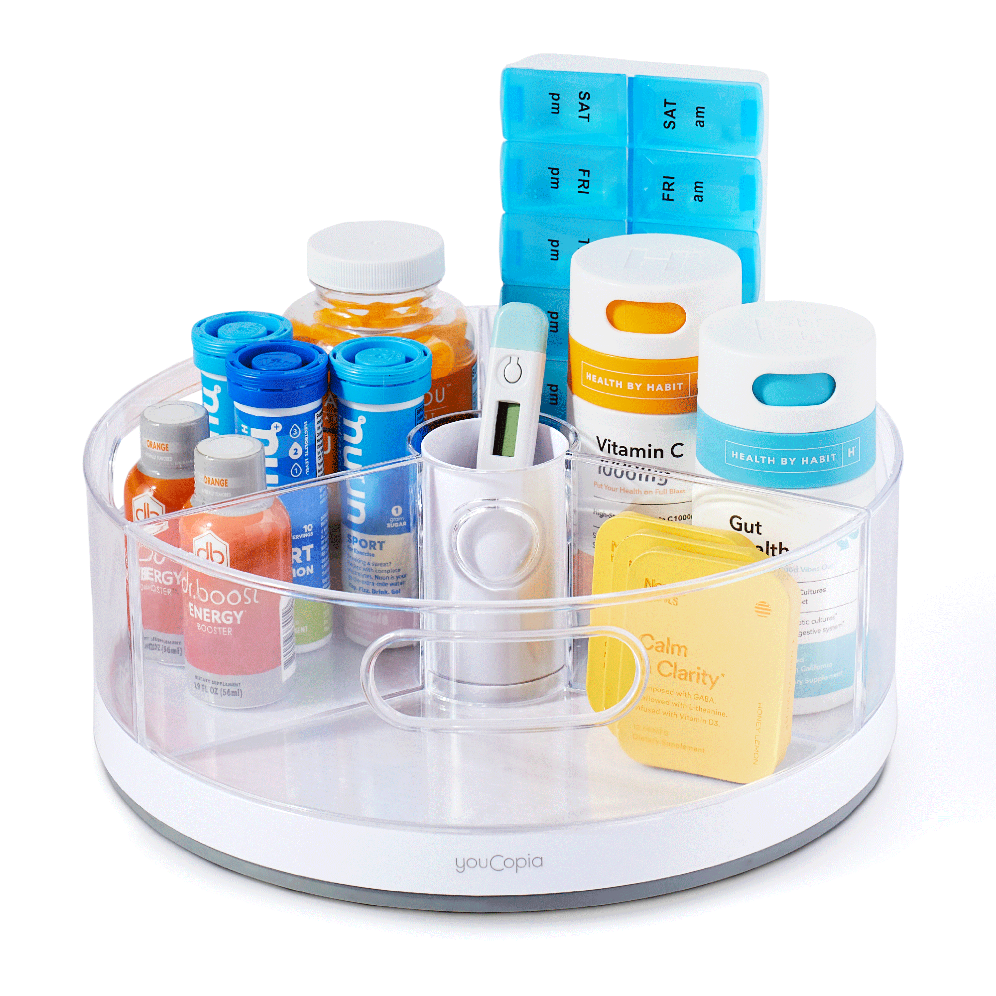 rotating turntable organizer with removable bins holding vitamins and snacks product photo