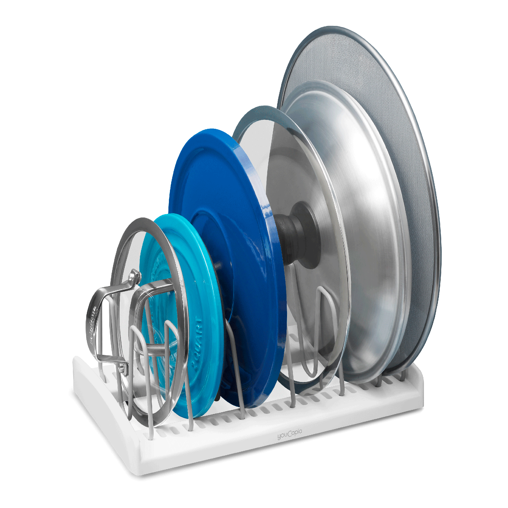pot lids organized upright in a wire rack product photo