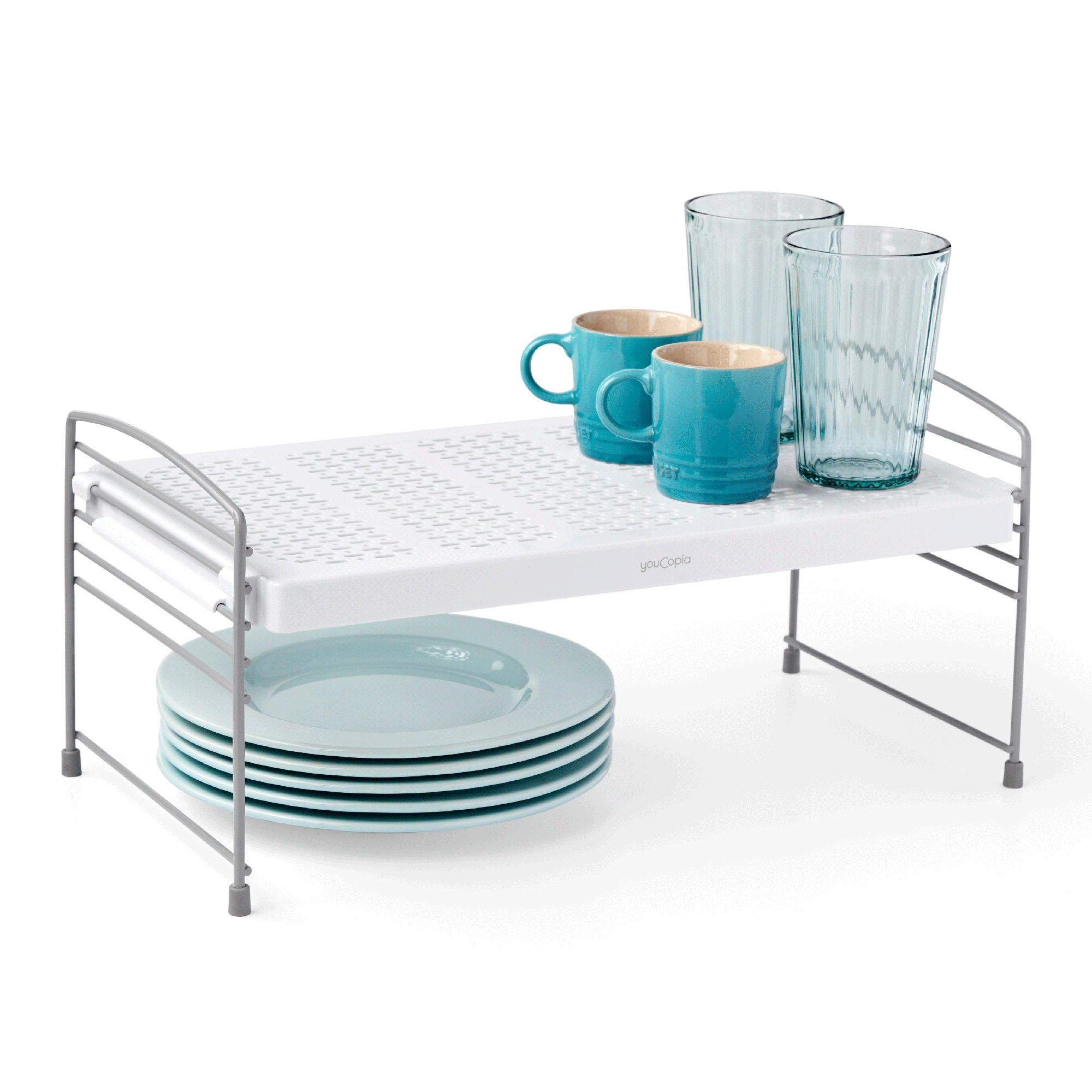 adjustable wire shelf riser holding cups and plates product photo