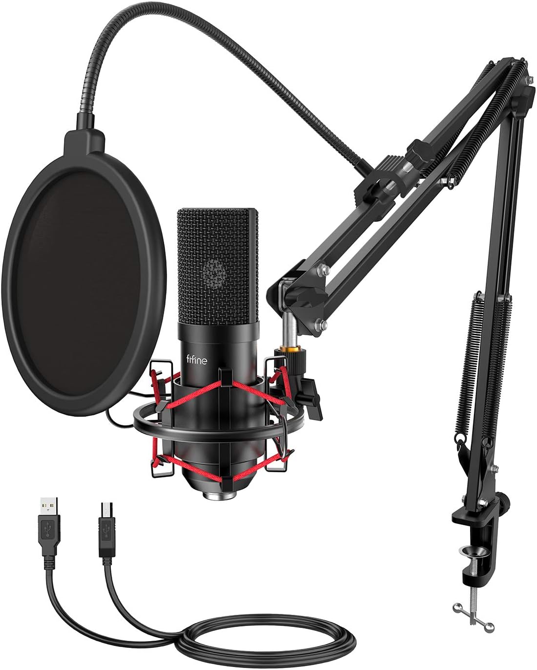 FIFINE USB condenser microphone kit with boom arm and pop filter product photo