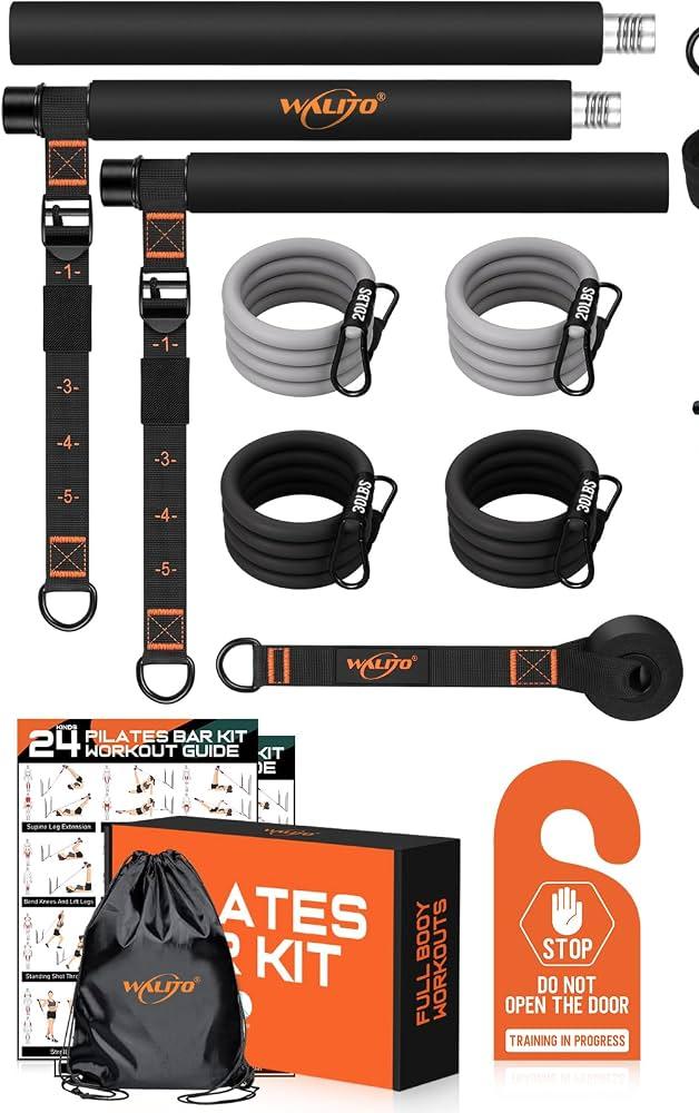 Pilates bar kit with resistance bands, ankle straps, carrying bag, and workout guide