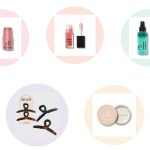 Pastel product grid of clean girl beauty essentials including e.l.f. multi stick, lip oil, setting spray, Kitsch claw clips, and Halo Glow setting powder