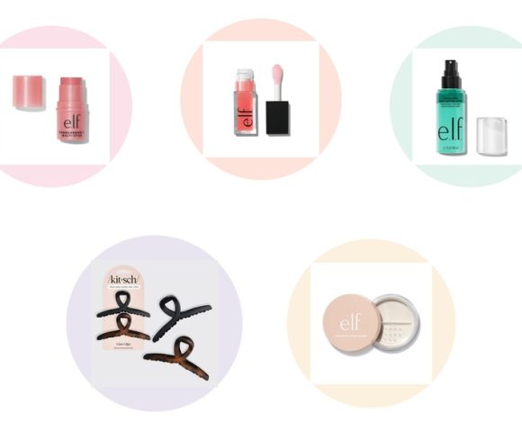 Pastel product grid of clean girl beauty essentials including e.l.f. multi stick, lip oil, setting spray, Kitsch claw clips, and Halo Glow setting powder