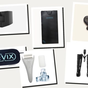 Scattered polaroid-style photo collage of cold therapy and recovery essentials including an Ice Barrel cold plunge tub, Theragun Mini, HigherDOSE infrared sauna blanket, Hyperice Normatec compression boots, REVIX hot/cold ice packs, and an ESARORA ice roller