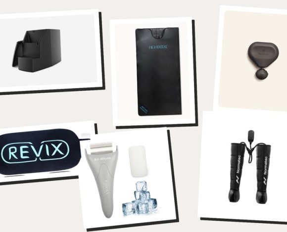 Scattered polaroid-style photo collage of cold therapy and recovery essentials including an Ice Barrel cold plunge tub, Theragun Mini, HigherDOSE infrared sauna blanket, Hyperice Normatec compression boots, REVIX hot/cold ice packs, and an ESARORA ice roller