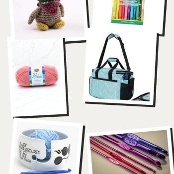 Scattered polaroid-style photo collage of crochet and amigurumi essentials including a Hearth & Harbor duck amigurumi kit, Clover Amour crochet hook set, Lion Brand 24/7 cotton yarn, a PAVILIA project tote bag, a ceramic yarn bowl, and an ergonomic crochet hook set