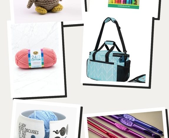 Scattered polaroid-style photo collage of crochet and amigurumi essentials including a Hearth & Harbor duck amigurumi kit, Clover Amour crochet hook set, Lion Brand 24/7 cotton yarn, a PAVILIA project tote bag, a ceramic yarn bowl, and an ergonomic crochet hook set