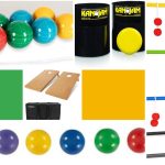 Moodboard mosaic collage of lawn games including bocce balls, a Kan Jam disc toss set, a ladder toss game, GoSports cornhole boards, and a rainbow of croquet balls, in bright kelly green and golden yellow