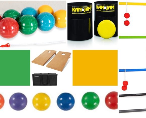 Moodboard mosaic collage of lawn games including bocce balls, a Kan Jam disc toss set, a ladder toss game, GoSports cornhole boards, and a rainbow of croquet balls, in bright kelly green and golden yellow