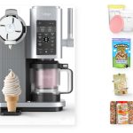The Ninja Swirl by CREAMi machine dispensing soft serve into a cone on the left, with CREAMi pint containers, Ben and Jerrys cookie dough chunks, a TASTI protein ice cream mix, and rainbow sprinkles arranged on the right