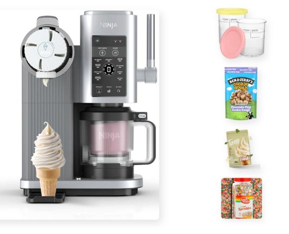 The Ninja Swirl by CREAMi machine dispensing soft serve into a cone on the left, with CREAMi pint containers, Ben and Jerrys cookie dough chunks, a TASTI protein ice cream mix, and rainbow sprinkles arranged on the right
