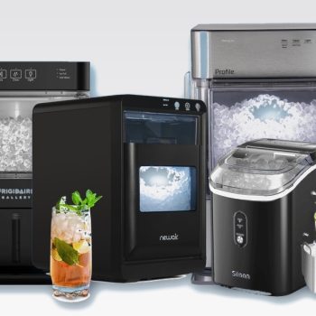 top-10-nugget-ice-makers-hero-graybg Nugget ice makers from Frigidaire, NewAir, GE Profile, and Silonn, alongside a glass of iced tea and an ice bucket with scoop, on a light gray gradient background