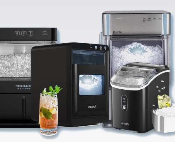 Nugget ice makers from Frigidaire, NewAir, GE Profile, and Silonn, alongside a glass of iced tea and an ice bucket with scoop, on a light gray gradient background