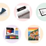 Evenly spaced pastel circle grid of paint by numbers essentials including a palette tray, fine detail brush set, LED tracing light pad, acrylic paint set, and a framed seaside canvas kit