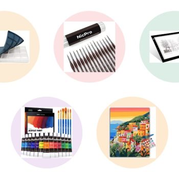 Evenly spaced pastel circle grid of paint by numbers essentials including a palette tray, fine detail brush set, LED tracing light pad, acrylic paint set, and a framed seaside canvas kit
