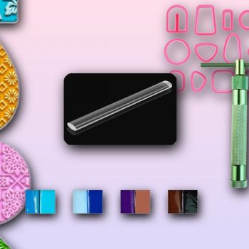 Colorful polymer clay jewelry making supplies flat lay with cutters clay and tools
