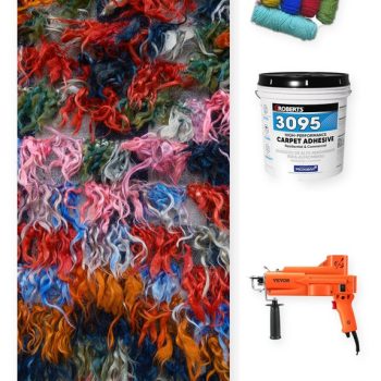 A finished colorful tufted rug alongside the materials needed to make one: tufting yarn skeins, a Roberts 3095 carpet adhesive bucket, a VEVOR 2-in-1 tufting gun, and a monks cloth backing swatch