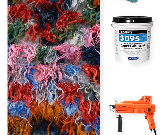 A finished colorful tufted rug alongside the materials needed to make one: tufting yarn skeins, a Roberts 3095 carpet adhesive bucket, a VEVOR 2-in-1 tufting gun, and a monks cloth backing swatch